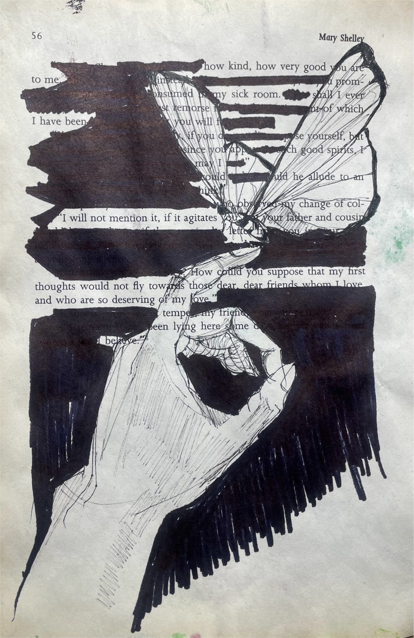 A drawing of a butterfly landing on a person's hand. Drawn in black pen and marker. Drawn on page 56 of Mary Shelley's "Frankenstein".