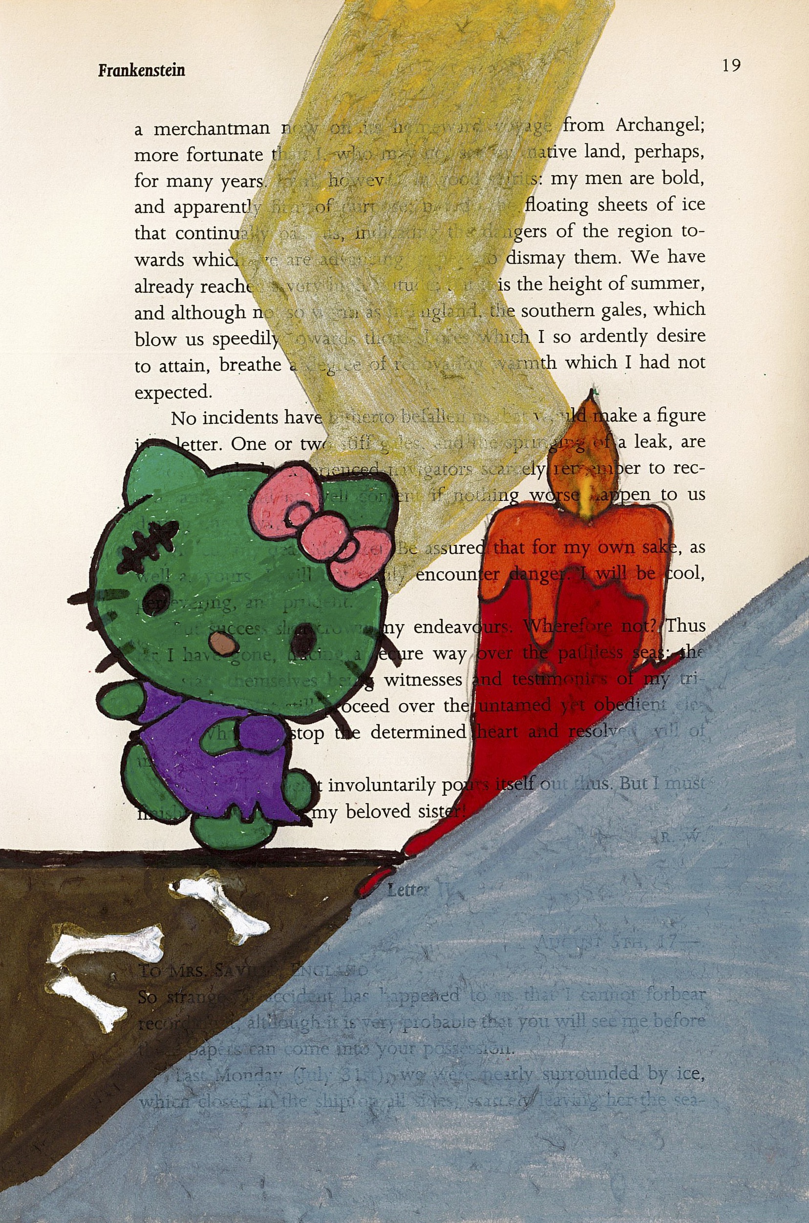 An illustration of a Frankenstein-monster-style Hello Kitty beside a large red candle. The figure is being struck by lightning and walking atop buried bones. Drawn on top of page 19 of Mary Shelley's "Frankenstein".