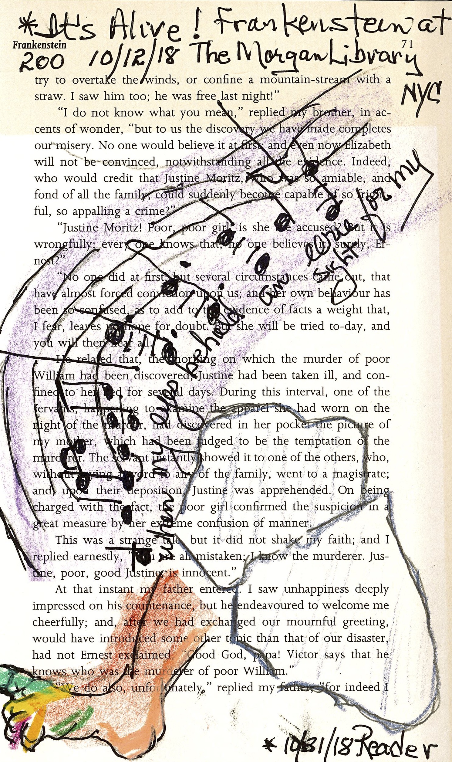 An illustration of music notes flowing across the page in a purple wave. In the bottom left corner, an illustration of a foot with green, yellow, and pink toes. Written in black pen across the page:
"*It's Alive! Frankenstein at
200 10/12/18 The Morgan Library
NYC
when my eyes behold an eerie sight for my
*10/31/18 Reader"
Written and drawn on page 71 of Mary Shelley's "Frankenstein".