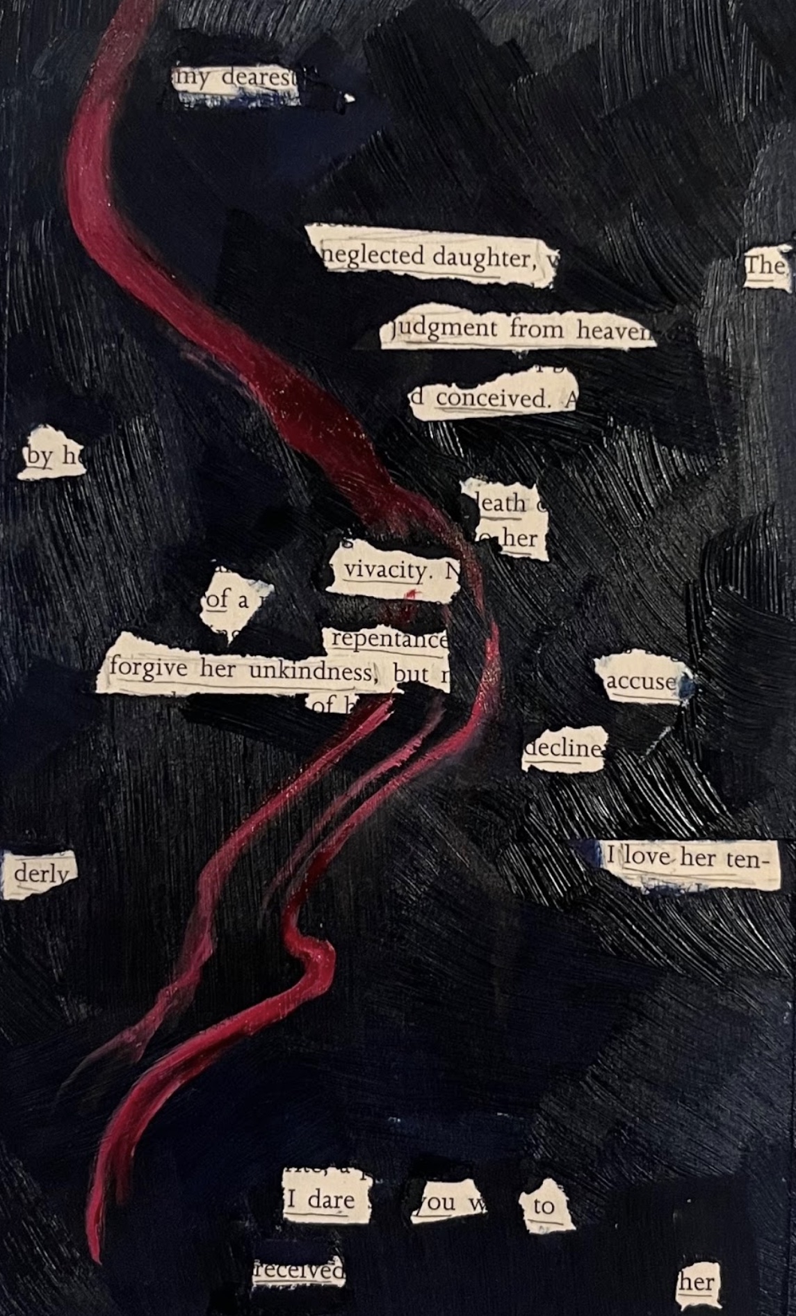An abstract black-and red painting covering a page of Mary Shelley's "Frankenstein". Select words of the original text have been left visible to create a new poetic message against the art piece.