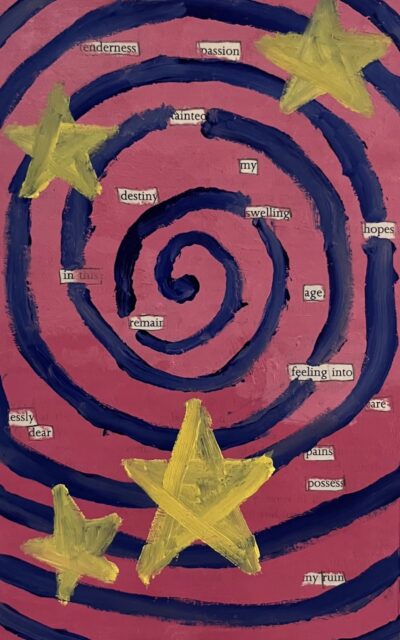 An illustration of yellow stars against a swirling pink and blue background, painted across a page of Mary Shelley's "Frankenstein". Select words of the original text have been left visible and emphasized to create a new poetic message against the art piece.