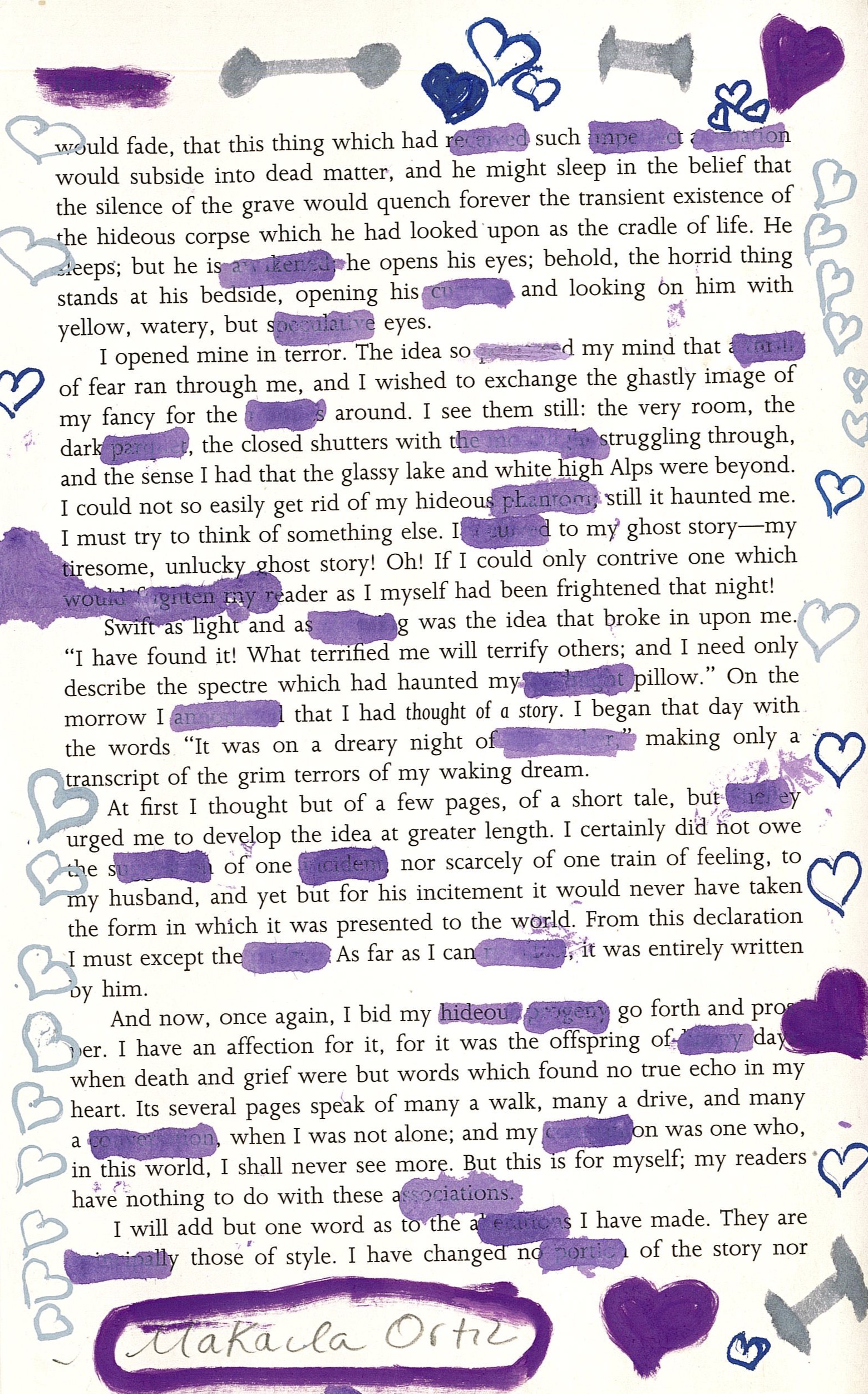 A page of Mary Shelley's "Frankenstein" with select words blacked out in purple marker, leaving the majority of each paragraph untouched but slightly altered. Drawings of hearts and bolts in purple, blue, and gray marker along the margins.