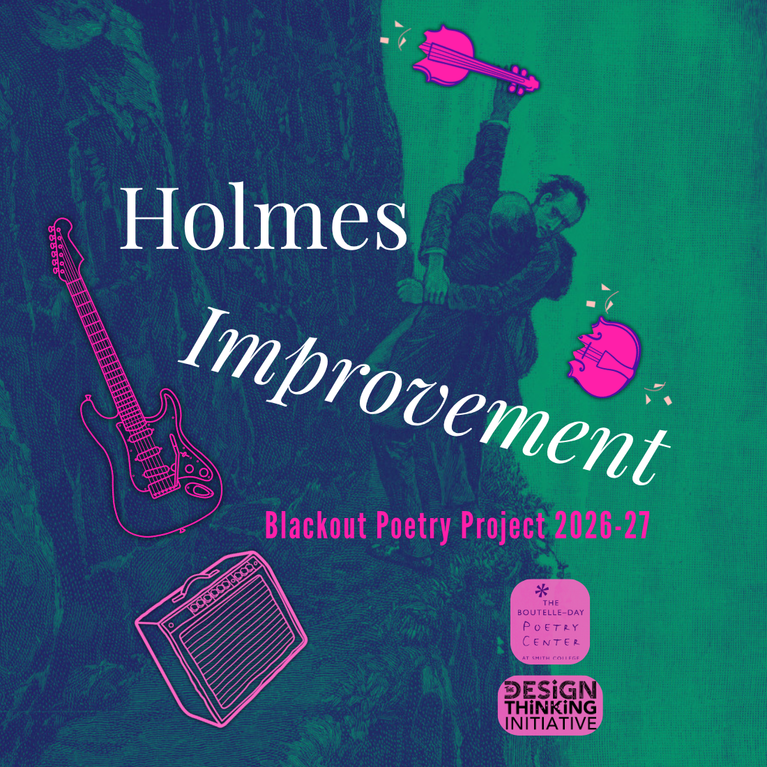 Sherlock Holmes and Moriarty wrestling on the edge of the waterfall. Moriarty holds a broken violin. An electric guitar and amp are in the foreground.