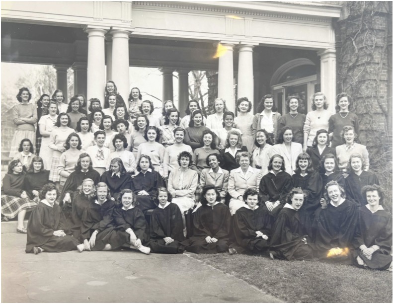 Black and white photograph of Adelaide and housemates. Taken outside 1930s.