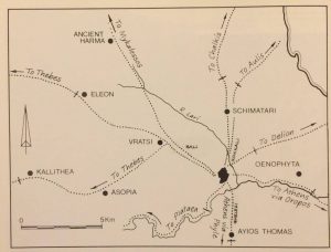 Map of area surrounding ancient Tanagra, including the town of Schimatari, which is indicated to be less than 5 km north of the site.