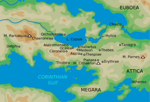 Map of Ancient Boeotia, with major cities (including Tanagra) labelled