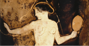 Attic red figure vase painting of a hetaira, detail depicting a pale nude woman from the waist up holding a mirror