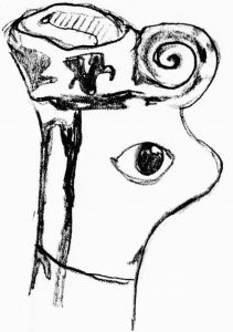 Drawing of the head of the Boeotian Plank figurine, which has a large crack across its neck