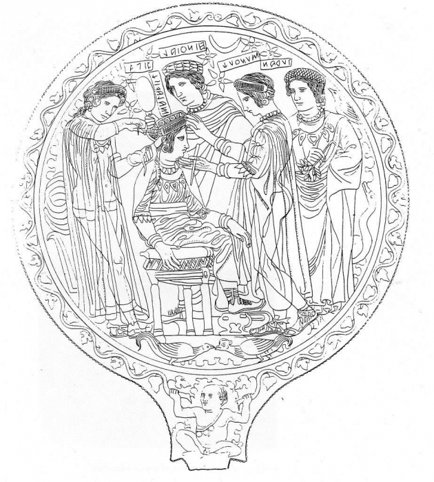 Drawing of an Etruscan mirror depicting the adornment of the bride Malavisch