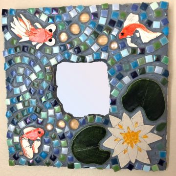mosaic mirror with fish and a lily pad