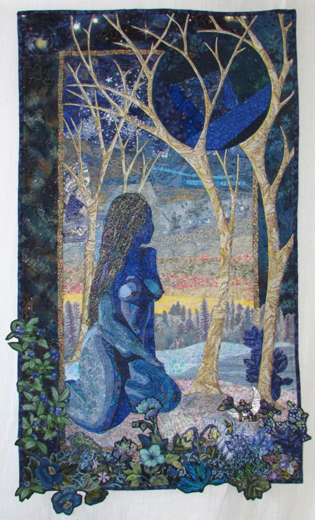 Quilt of a woman in shadow staring into the distance lit by the moon
