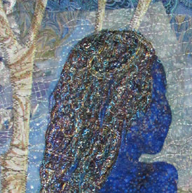 Crop of Quilt of a woman in shadow staring into the distance lit by the moon