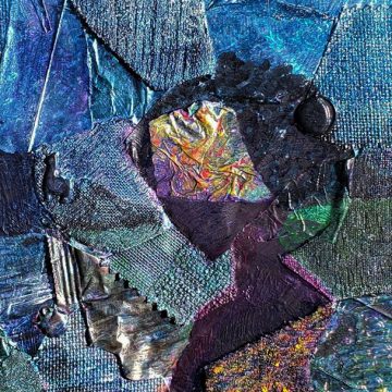 Painted collage of a black woman staring thoughtfully towards a stream