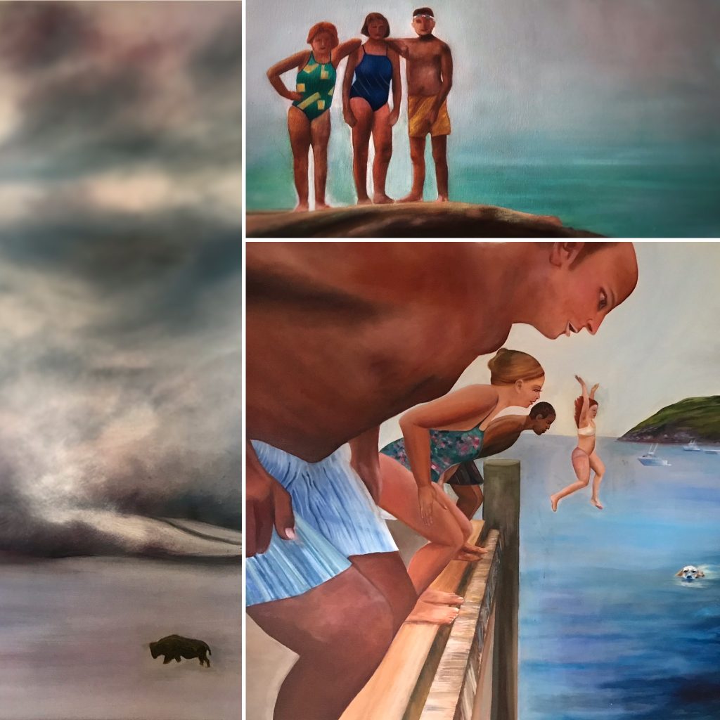 Collage of three paintings in process--one of a stormy sea, one of three people in bathing suits posed, and one with a line of people about to jump off the dock.