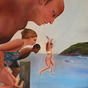 Painting of people jumping into a lake