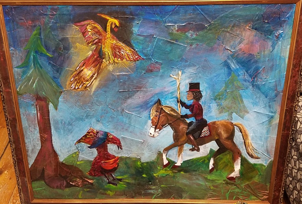 Painting of a fantasy scene with a horse rider, baby dragon and Phoenix