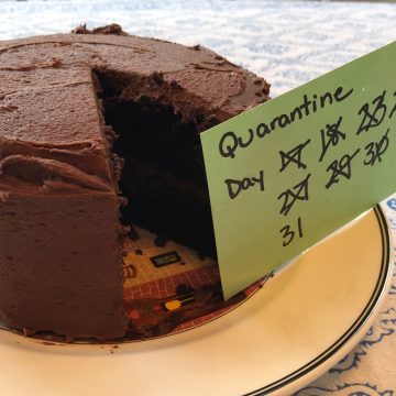 Chocolate cake with card that says, "Quarantine Day" with some numbers crossed off leading to 31.