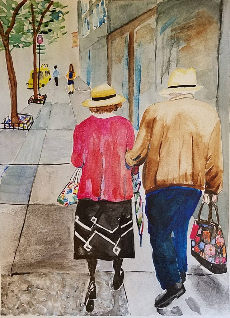 Watercolor of a couple walking through Upper East side NY, each with a colorful upholstery bag.