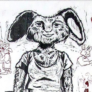linocut print of a rabbit in a halter top