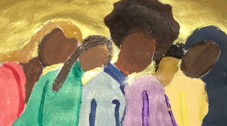 Five Black women in a line, each embracing and leaning on the one in front. Each has different hair--blonde & straight, black Afro, black wavy