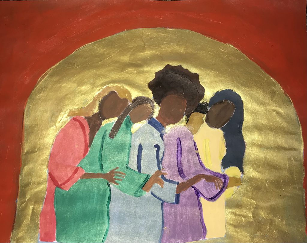 Five Black women in a line, each embracing and leaning on the one in front. Each has different hair--blonde & straight, black Afro, black wavy