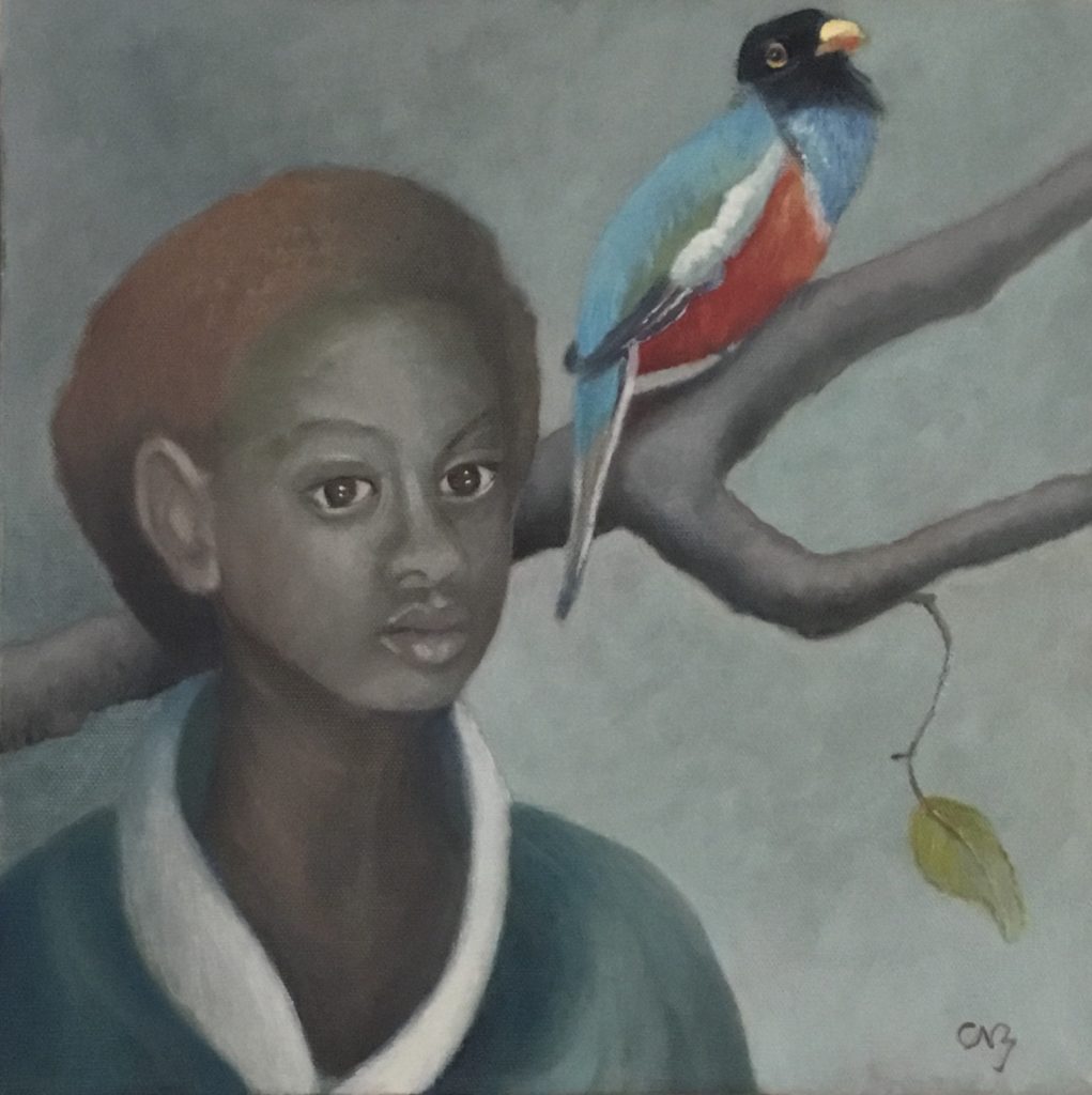 Oil Painting of a young Black person with a bird in a tree behind