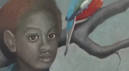 detail of Oil Painting of a young Black person with a bird in a tree behind