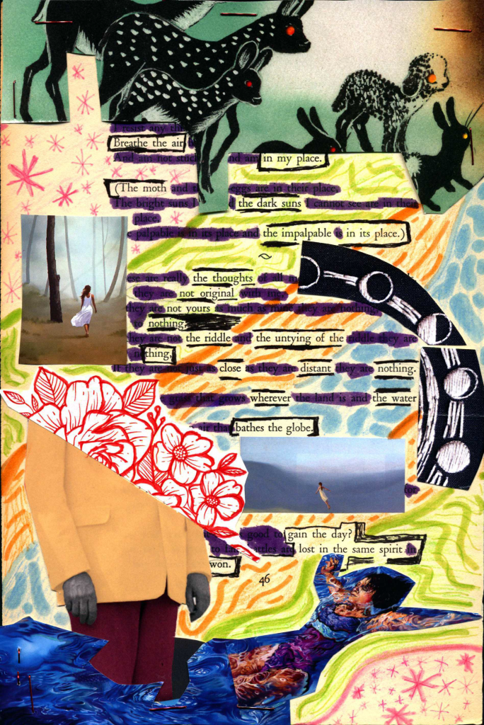 A poem made from a page of Leaves of Grass by Walt Whitman. Words are crossed out in purple. Pink, green, orange, and blue patterns are drawn in the background. Collages of animals, a person floating in water, a person walking through the forest, the lunar cycle, and a person in a suit are pasted on the page.