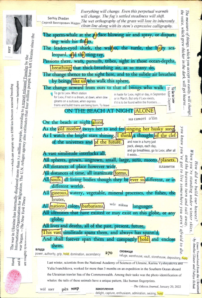 A blackout poem made from a page of Leaves of Grass by Walt Whitman. Words are blacked out in blue and the remaining words are highlighted in yellow. Excerpts about the war in Ukraine and words translated from Ukrainian frame the poem. The word "hold" in the translations is highlighted. There is a red fingerprint in the bottom left corner.