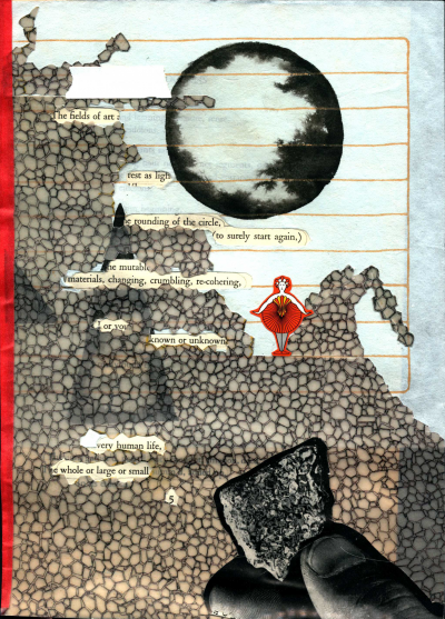 A poem made from a page of Leaves of Grass by Walt Whitman. A collaged rocky texture covers the words. A closeup of a hand holding a rock is pasted on. There is a drawing of the moon at the top and a sticker of a cartoon dancer wearing red in the center.