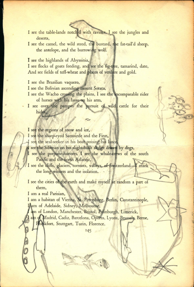 A page from Leaves of Grass by Walt Whitman. Pencil sketches are drawn over the poem. In the middle is a large abstract heart and at the bottom is a horizontal person.