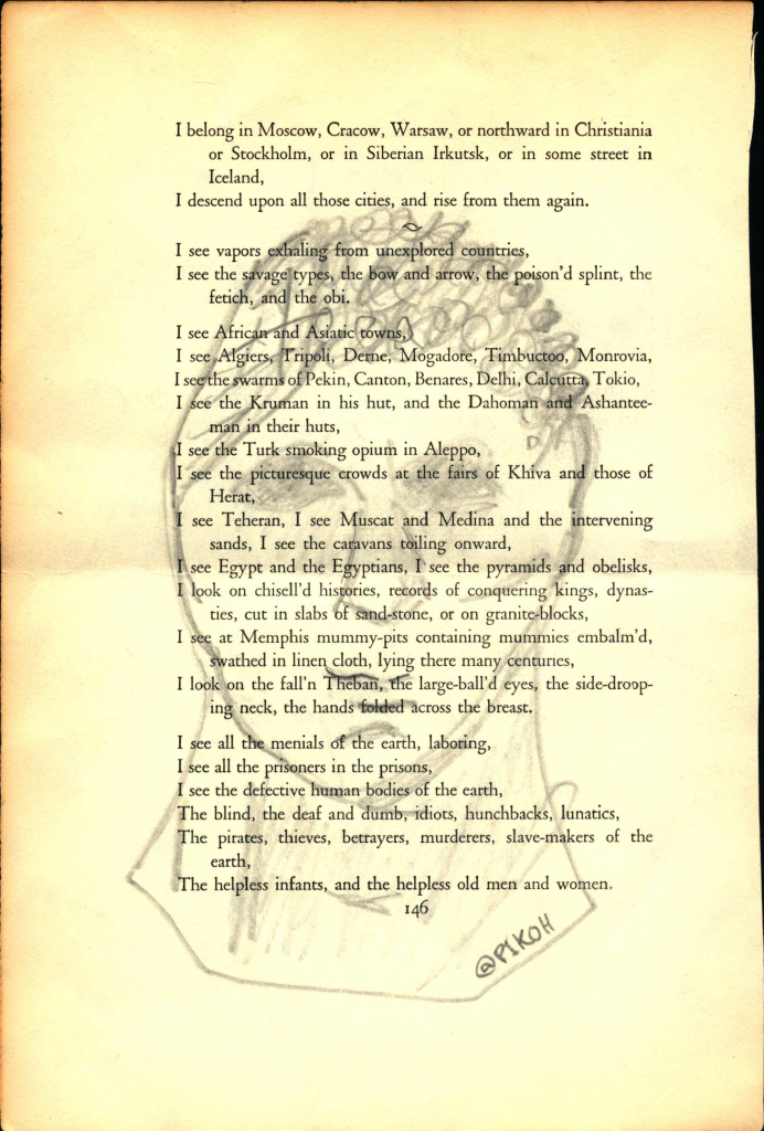 A page from Leaves of Grass by Walt Whitman. Over the poem is a rough pencil sketch of the head and neck of a person with short curly hair.