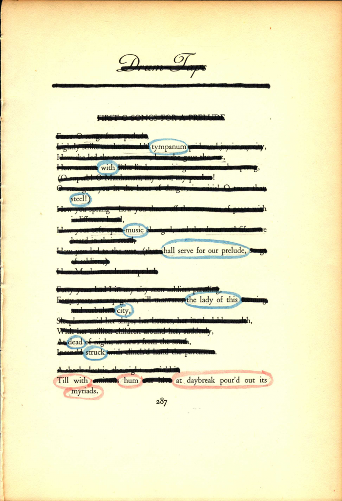 A blackout poem made from a page of Leaves of Grass by Walt Whitman.  Words of the poem are blacked out by black marker. The remaining words are circled in blue, except for the last line, where the words are circled in red.