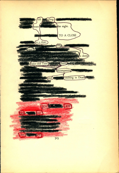 A blackout poem made from a page of Leaves of Grass by Walt Whitman. Words are blacked out by black and red coloring and the remaining words are circled.