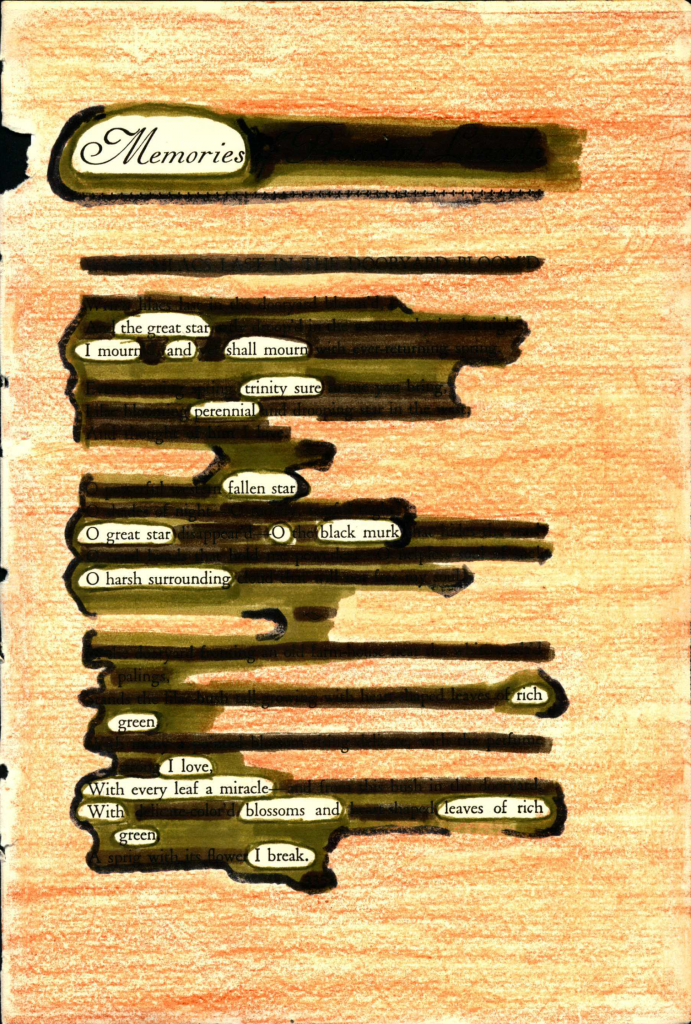 A blackout poem made from a page of Leaves of Grass by Walt Whitman. Words are blacked out in black and gold marker. The background is lightly colored in red.