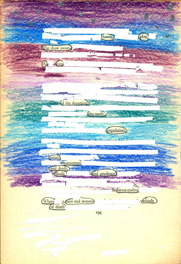 A blackout poem created from a page of Leaves of Grass by Walt Whitman. Words of the poem are whited out and the remaining words are circled in black. The background is colored in stripes of purple, blue, and teal.