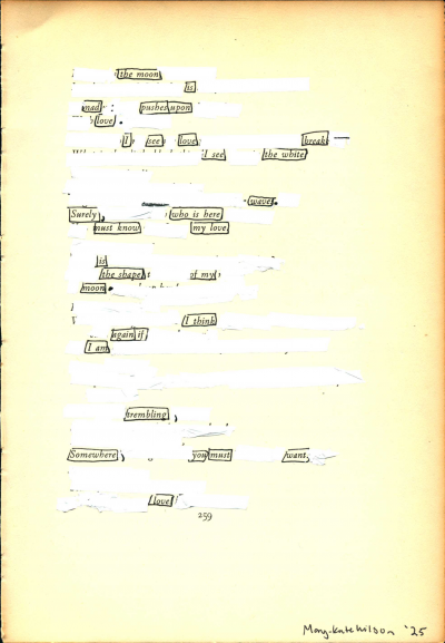A blackout poem made from a page of Leaves of Grass by Walt Whitman. Words of the poem are whited out and the remaining words are outlined in black boxes.