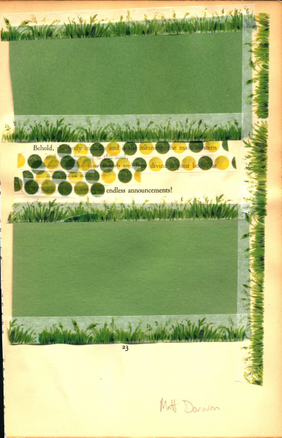 A blackout poem made from a page of Leaves of Grass by Walt Whitman. The bottom and top of the original poem are covered with green construction paper. In the remaining space, words of the poem are covered with green and yellow dotted Washi tape. Washi tape patterned with grass frames the poem.