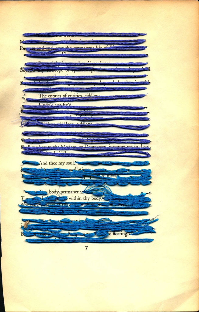 A blackout poem made from a page of Leaves of Grass by Walt Whitman. Words are crossed out by purple and blue yarn sewn into the paper.