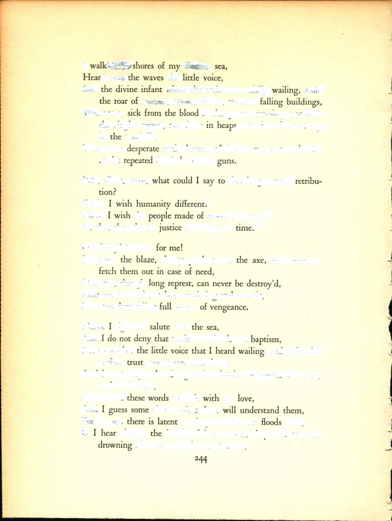 A blackout poem made from a page of Leaves of Grass by Walt Whitman. Words of the poem are crossed out with whiteout.