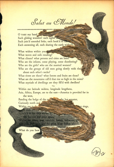 A blackout poem made from a page of Leaves of Grass by Walt Whitman. Words are covered with bark-like construction paper and black colored pencil.