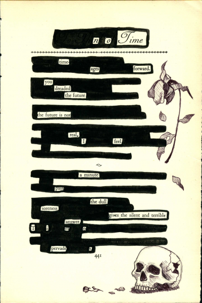 A blackout poem made from a page of Leaves of Grass by Walt Whitman. There is a drawing of a wilting flower on the right side and a skull at the bottom.