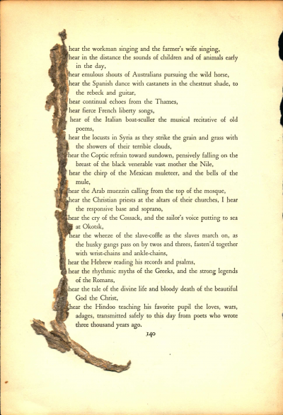 A blackout poem made from page of Leaves of Grass by Walt Whitman. On the left side of the poem, words are blocked by bark-like construction paper.
