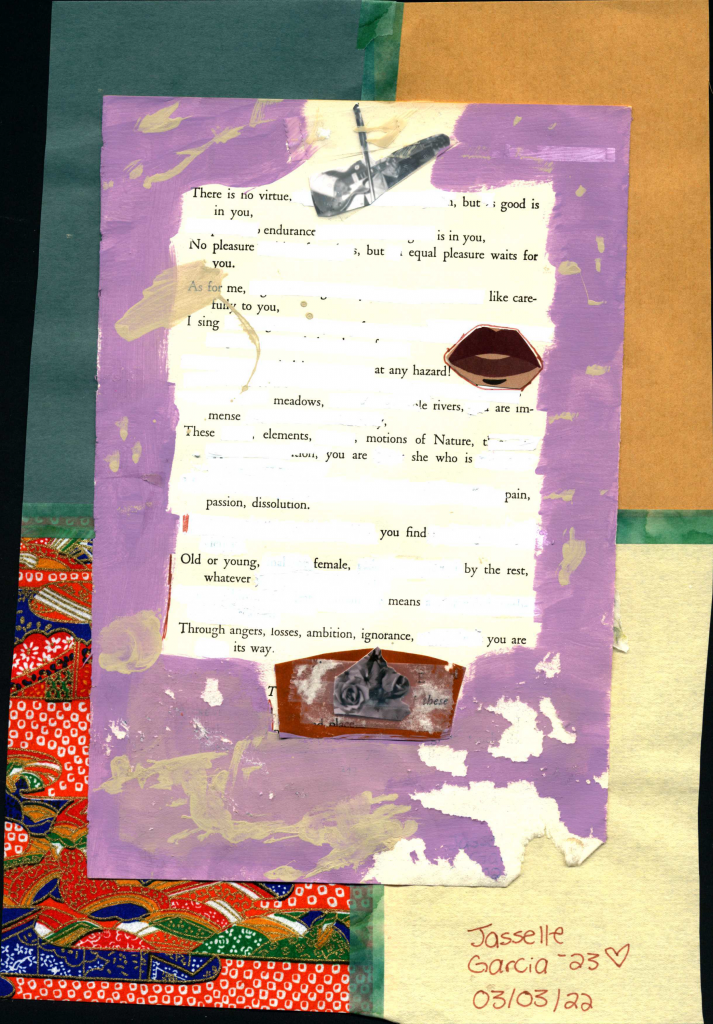 A blackout poem made from a page of Leaves of Grass by Walt Whitman. Words are removed using whiteout. Colored and patterned papers are pasted in the background, and purple paint frames the poem.