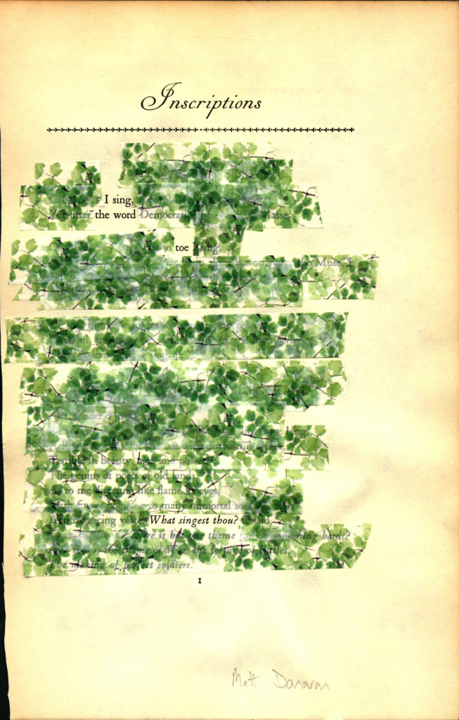 A blackout poem made from a page of Leaves of Grass by Walt Whitman. Words are covered by tape with a clover pattern.