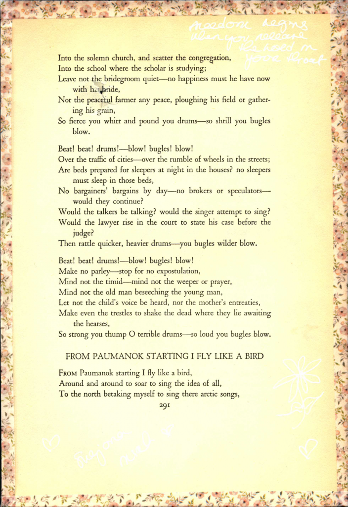 A page of Leaves of Grass by Walt Whitman. White words and doodles are drawn in the margins. The page is framed with floral tape.