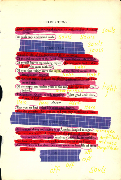 A blackout poem made from a page of Leaves of Grass by Walt Whitman. Lines of the poem are blacked out in red and purple coloring, and blue tape. The words left over are circled in red. Yellow words are written in the margins.