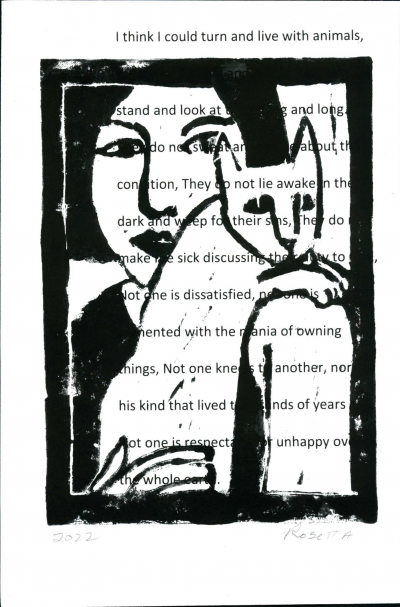 A blackout poem made from a page of Leaves of Grass by Walt Whitman. A feminine person holding a cat is painted over the poem.