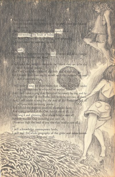 A blackout poem made from a page of Leaves of Grass by Walt Whitman. The artwork on the page is done with pencil. At the bottom is a large planet, and two human figures are on the right side of the page, both wearing shorts and apparently floating in space.