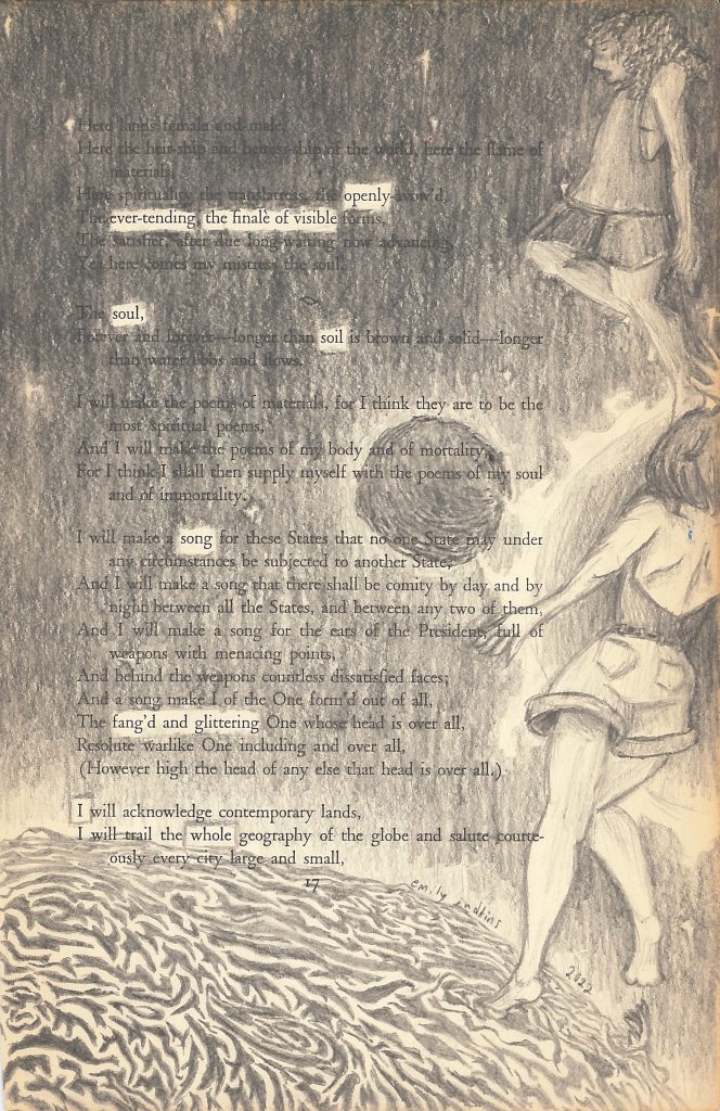 A blackout poem made from a page of Leaves of Grass by Walt Whitman. The artwork on the page is done with pencil. At the bottom is a large planet, and two human figures are on the right side of the page, both wearing shorts and apparently floating in space.